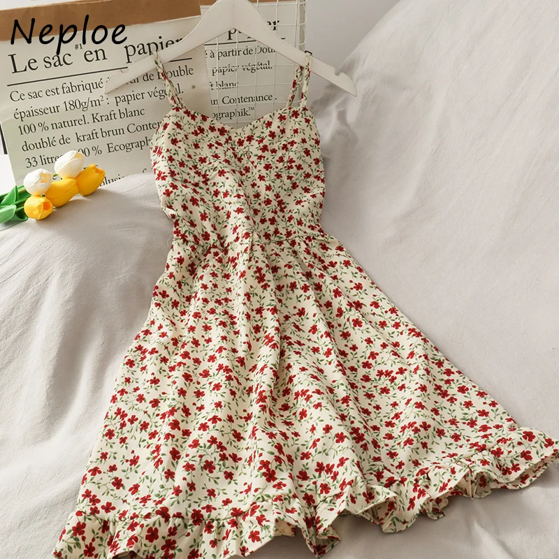 Neploe Vintage Print Bohemian Holiday Dress Women High Waist Hip A Line Slim Vestidos V Neck Sleeveless Off Shoulder Robe Summer