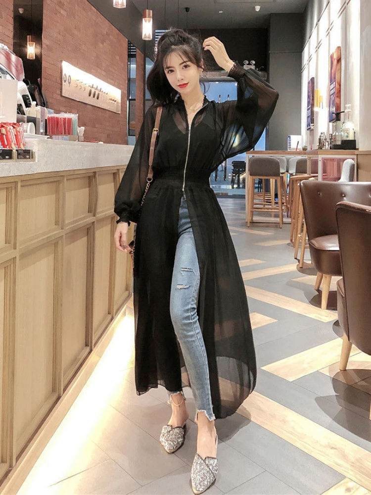 Summer Sheer Long Jackets Women Sun-proof Fashion Elastic Waist Tunic See Through Thin Korean Style Breathable Casual Solid Soft