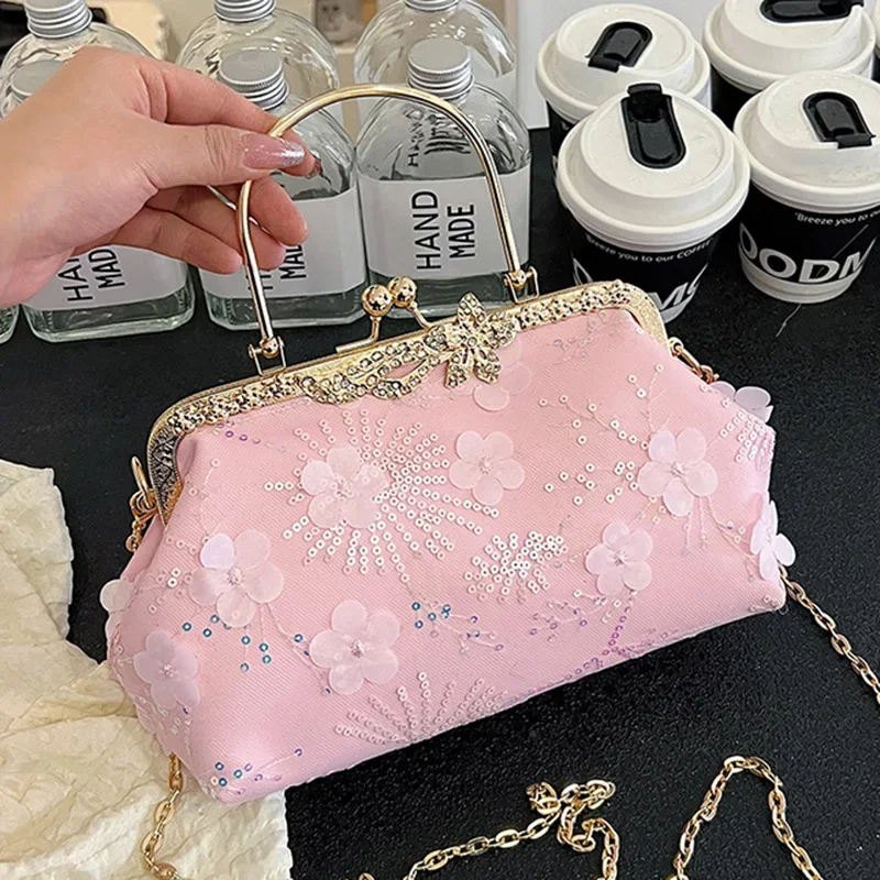 Luxury Women Appliques Sequins Evening Wedding Party Clutch Chain Messenger Bags Metal Hasp Totes White Gold Handbags And Purse