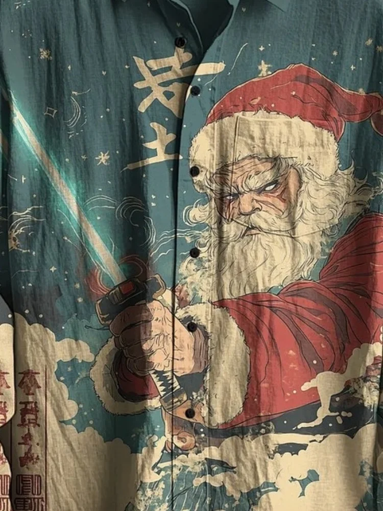 Men's Santa Claus Holding A Lightsaber Print Long Sleeve Shirt Vintage Lapel Collar Buttons Holiday Christmas Day Tops Tunics