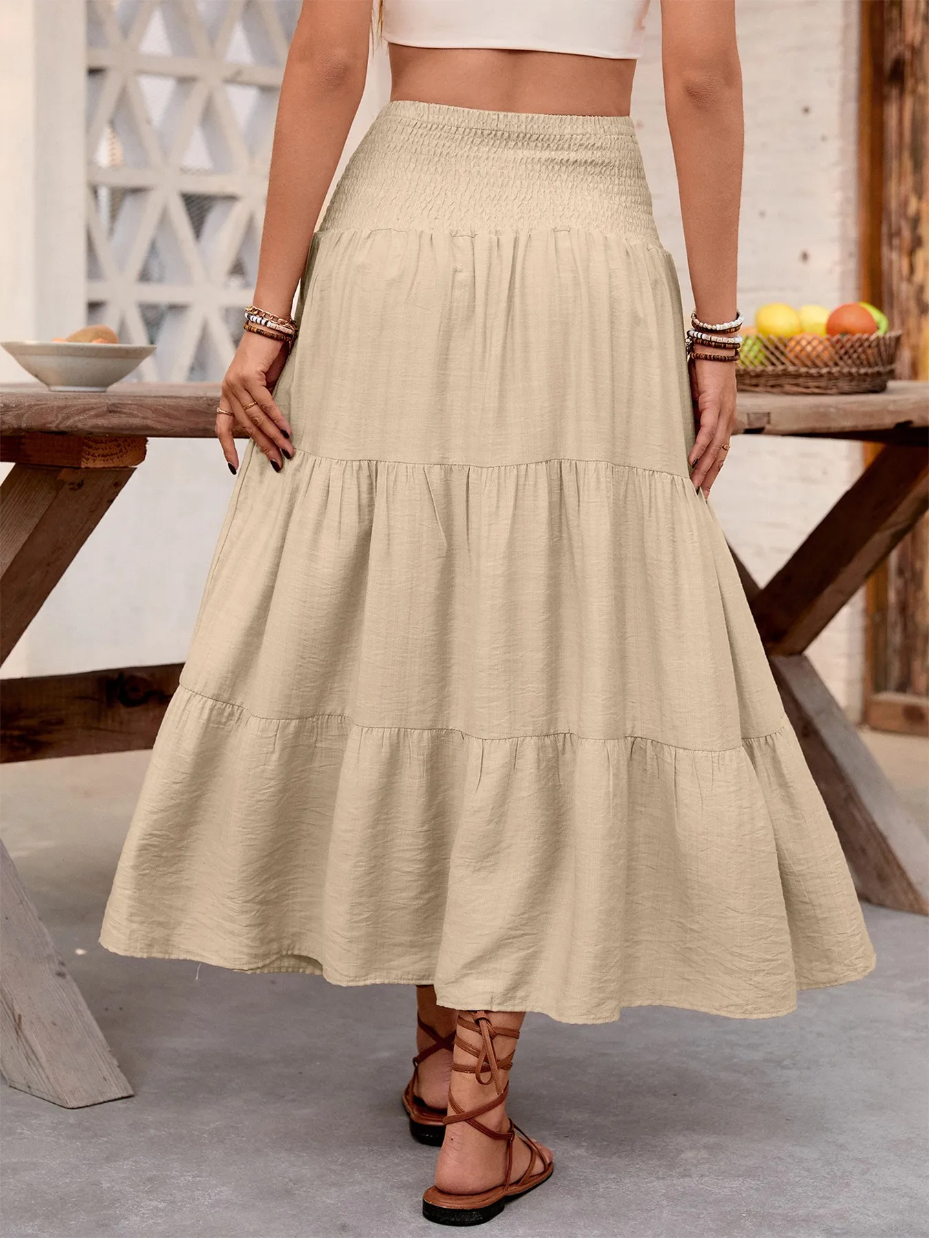 Women's Summer Skirt Solid Tiered Drawstring Waist Long Skirt Casual Beige Smocked Waist Skirt Ruffle Hem Maxi Skirt Women