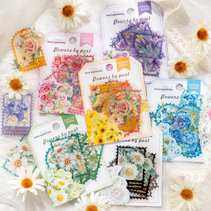 30 Stück künstlerische Handtaschenaufkleber, transparente PET-Aufkleber, Blumen, Stempel, bunte Dekorationsmaterialien, Aufkleber, 6 Arten