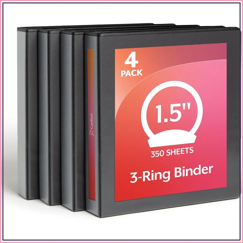 1.5 Inch 3 Ring Binder, 4 Pack, Black, Holds 350 Sheets, Nonstick, PVC Free