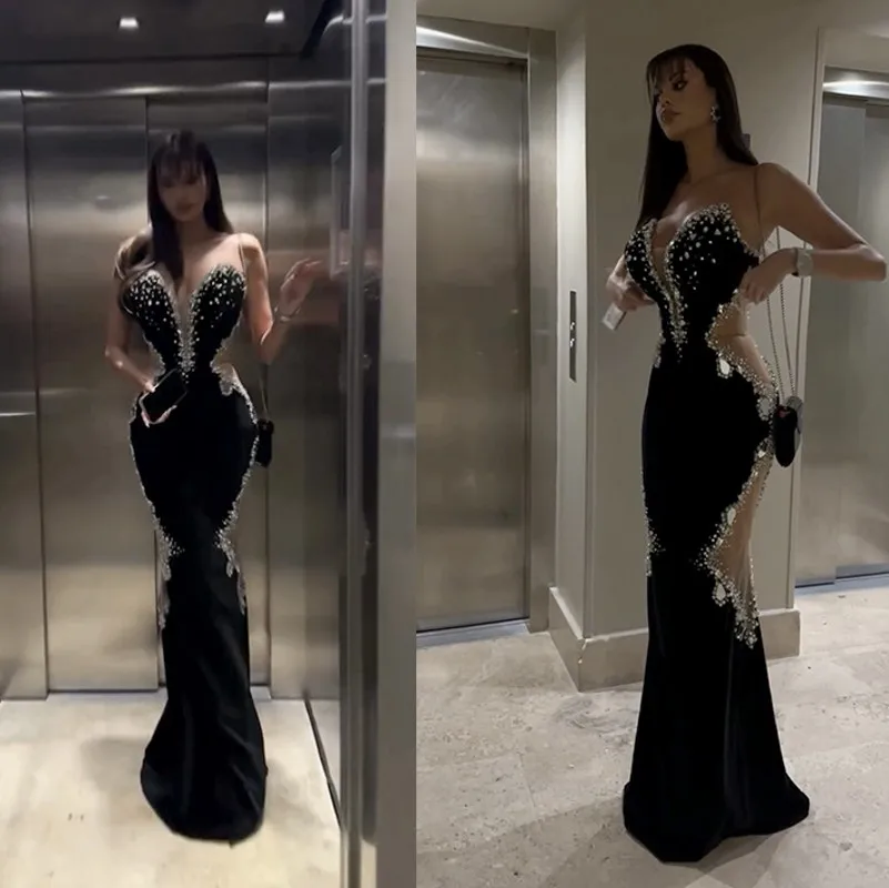 

Sexy Black Mermaid Prom Party Dress Sweetheart Open Back Beaded Crystal Cut Out Evening Gown Long Birthday Robe De Soriee