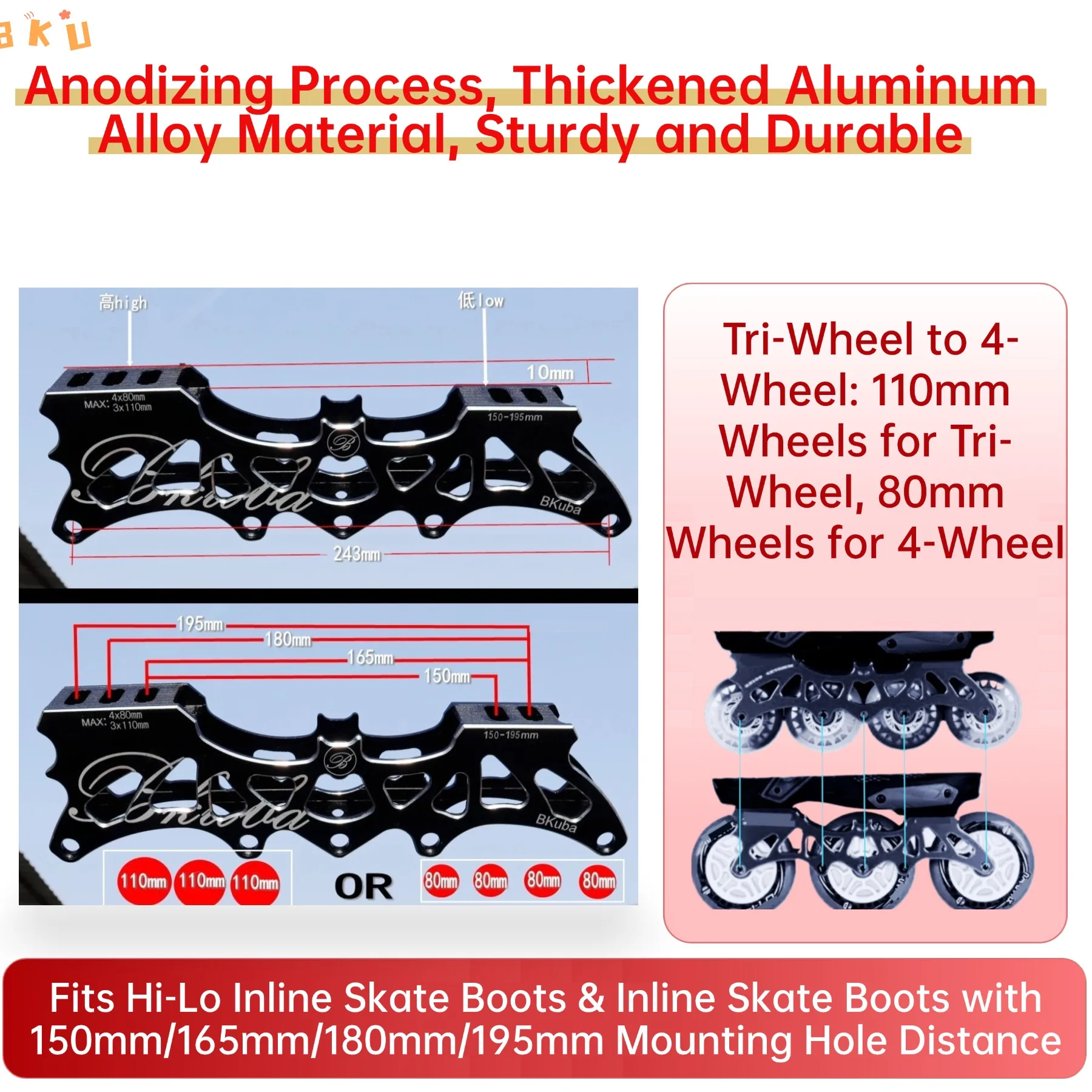 

One Pair of Tri-Wheel Inline Skate Aluminum Alloy Frames, 3 Styles (4→3 Convertible) with Axles