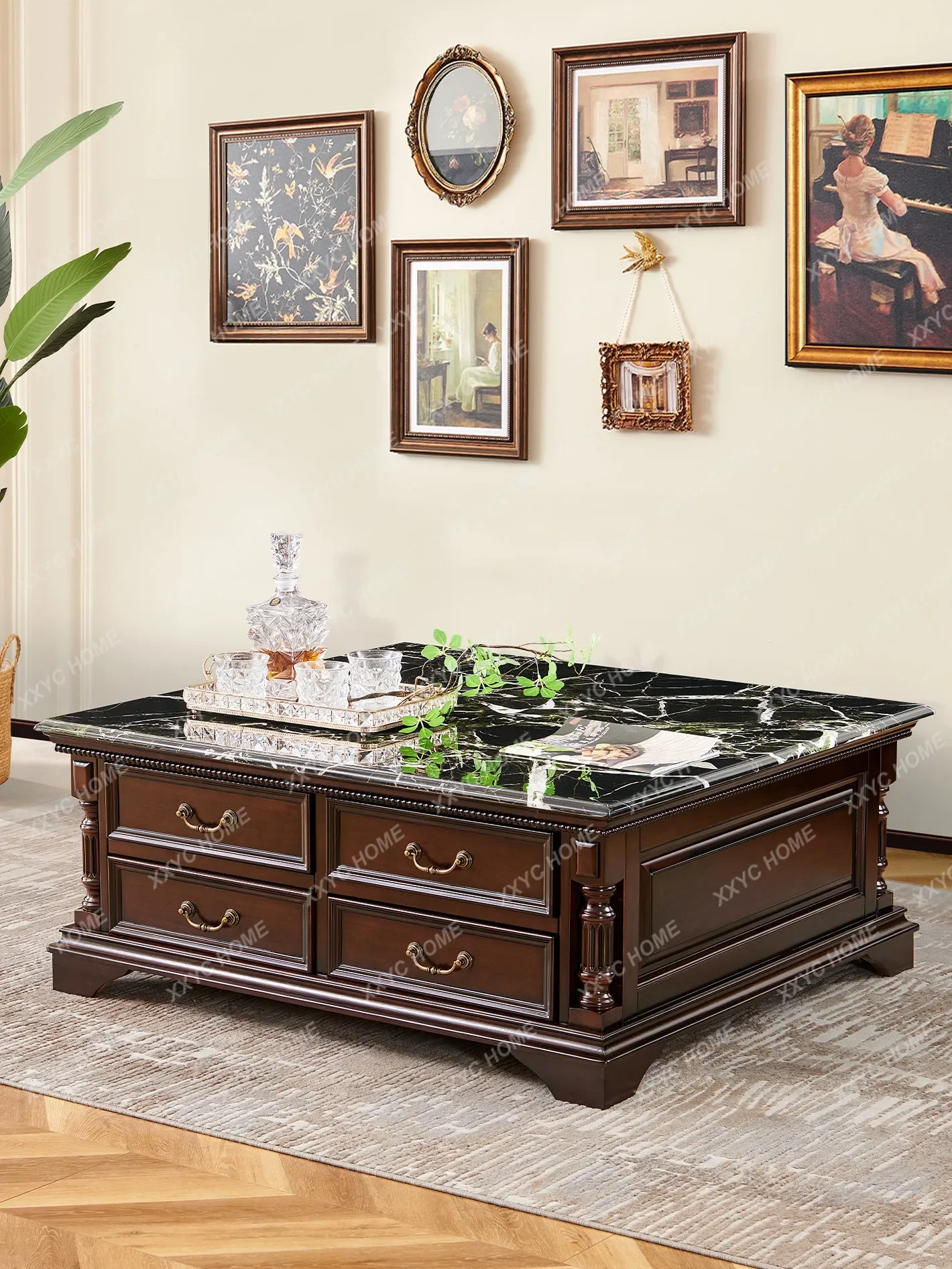 Log all solid wood square coffee table living room household square marble retro style coffee table