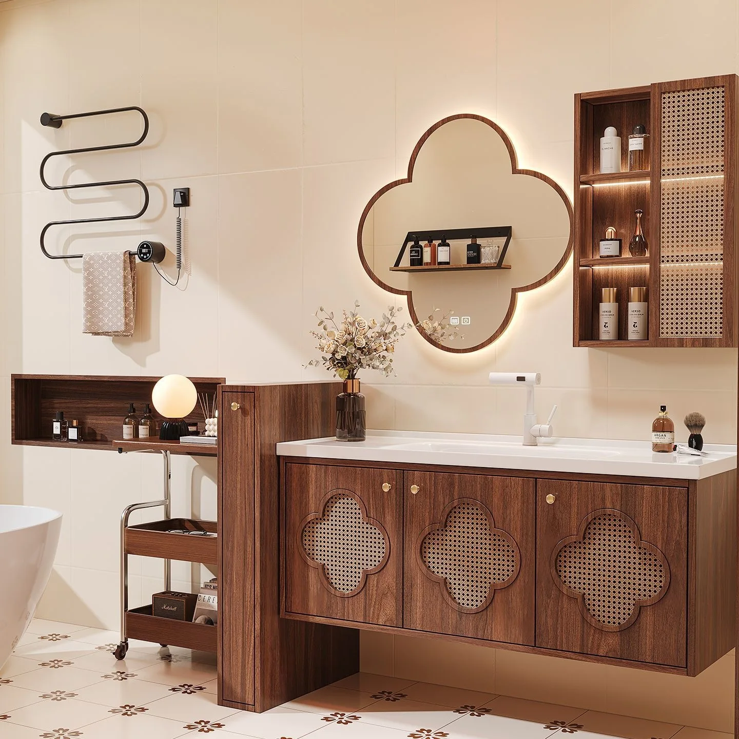 New Chinese rattan special-shaped flower mirror cabinet, bathroom cabinet, integrated ceramic basin, modern bathroom, washbasin