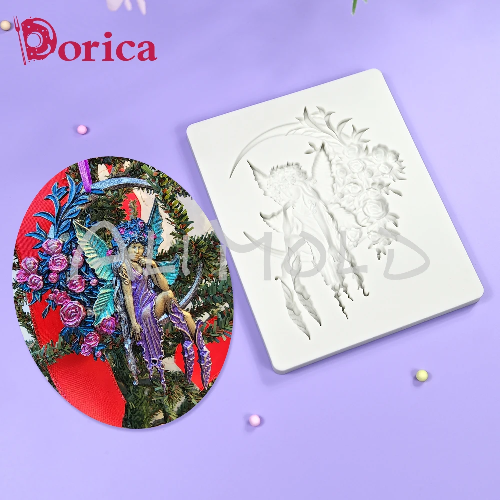Rose Girl Sitting on the moon Relief Silicone Mold Fondant Chocolate Sugarcraft Mould DIY Resin Clay Model Cake Decorating Tool
