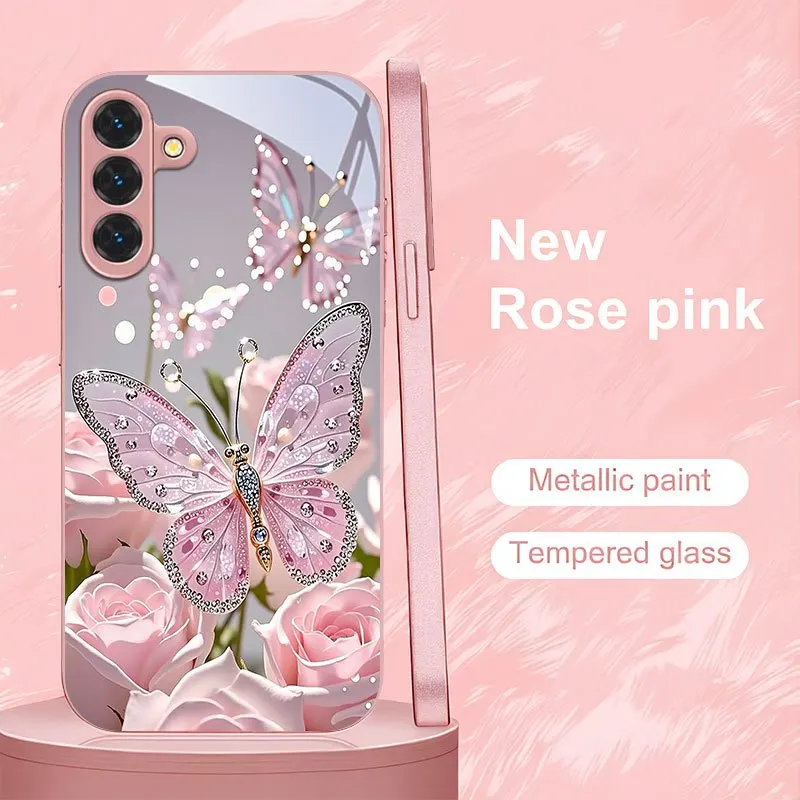 

Pink Exquisite Crystal Butterfly Pattern Phone Case Suitable for Samsung Galaxy S26/S25/S24/S23/S22/S21 and other models