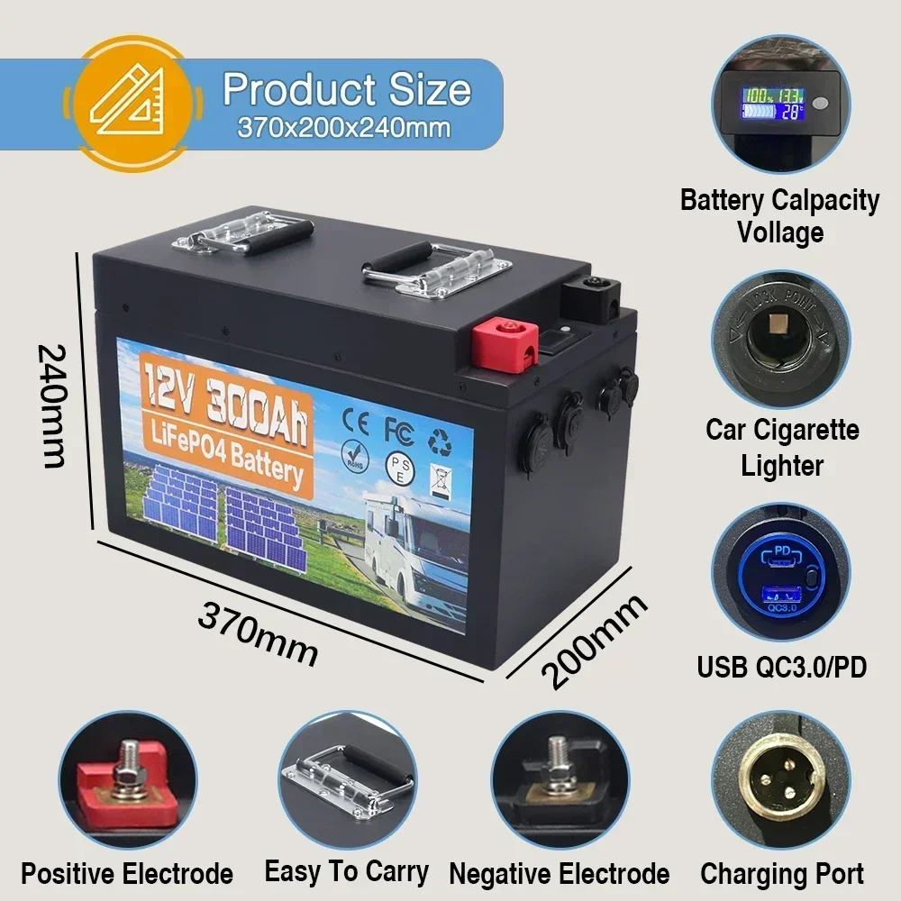 12V LiFePO4 Battery 300AH Built-in BMS Lithium Iron Phosphate Cells Pack For Replacing Most of Backup Power Home Energy Storage