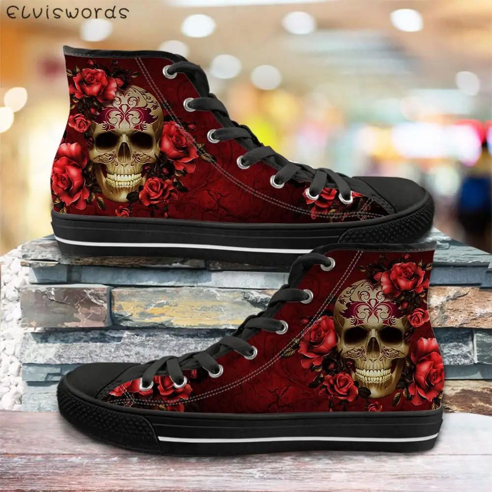 ELVISWORDS Sugar Rose Flower Skull Printed Women's High Canvas Comfort Teen Boys Girls Vulcanized Shoes Casual Ladies Sneakers