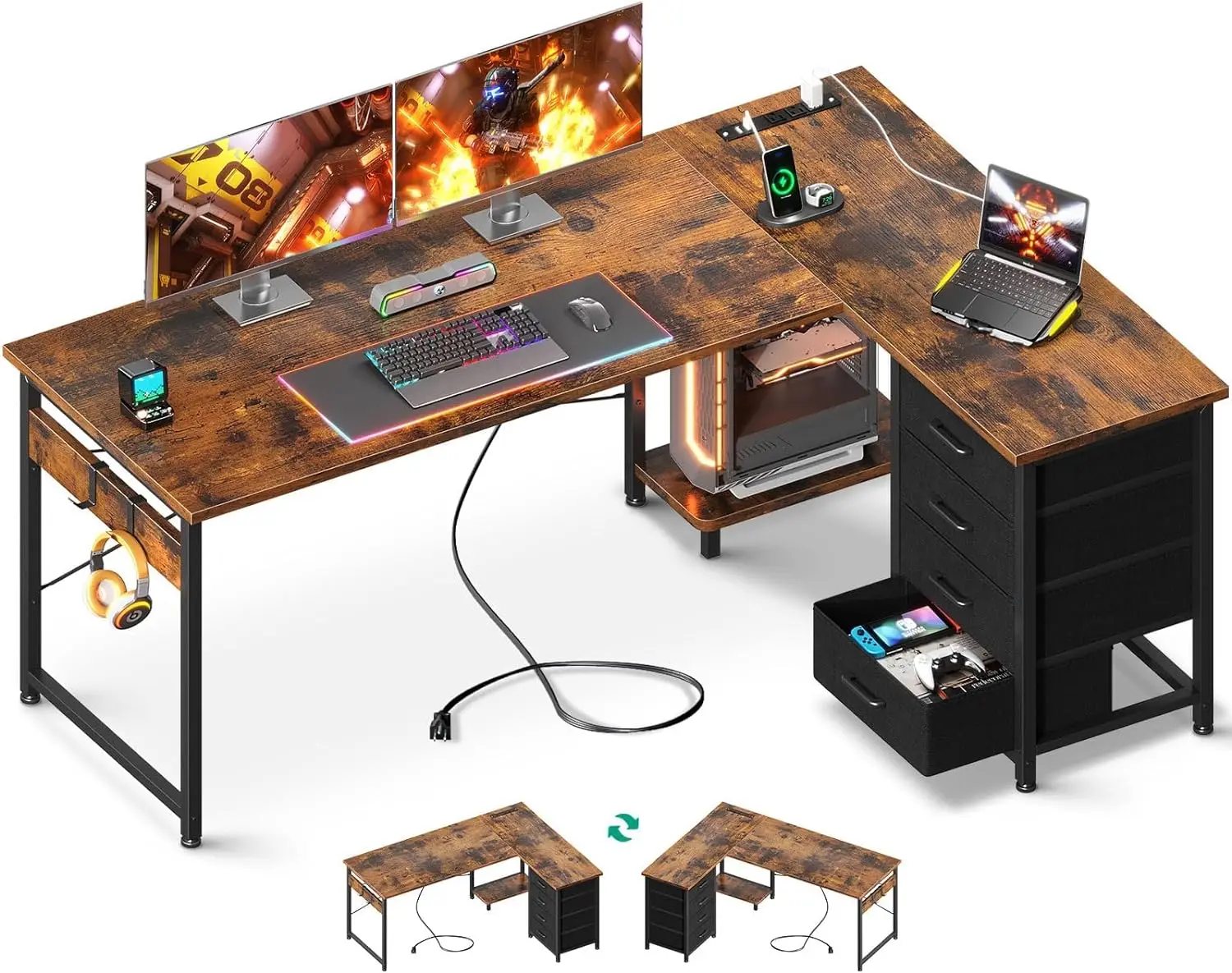 

AODK L Shaped Desk with 4 Tier Drawers, 61" Reversible Gaming Desk with Power Outlets, L Shaped Computer Desk with USB Charging