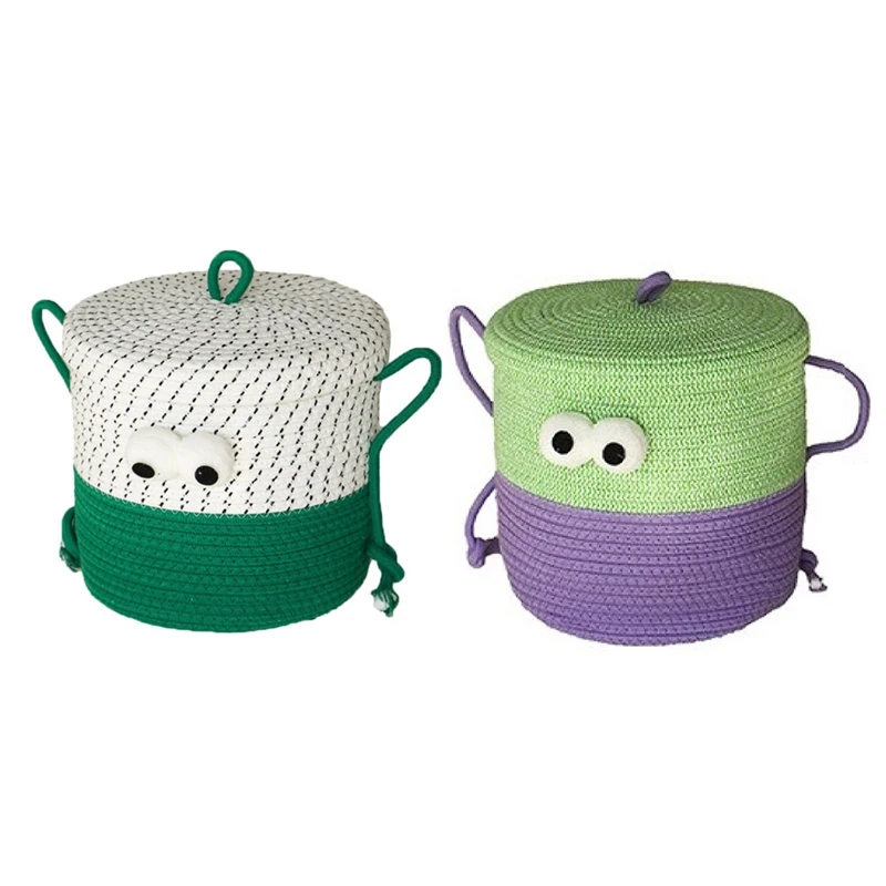 Cesta de almacenamiento tejida de dibujos animados, organizador de juguetes redondos con cubierta, cuerda de algodón, almacenamiento de aperitivos de escritorio