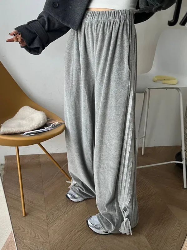 

Весна 2026: Новые женские бархатные спортивные брюки с широкими штанинами, модный дизайн, драпировка, завязки на высокой талии, полиэстер