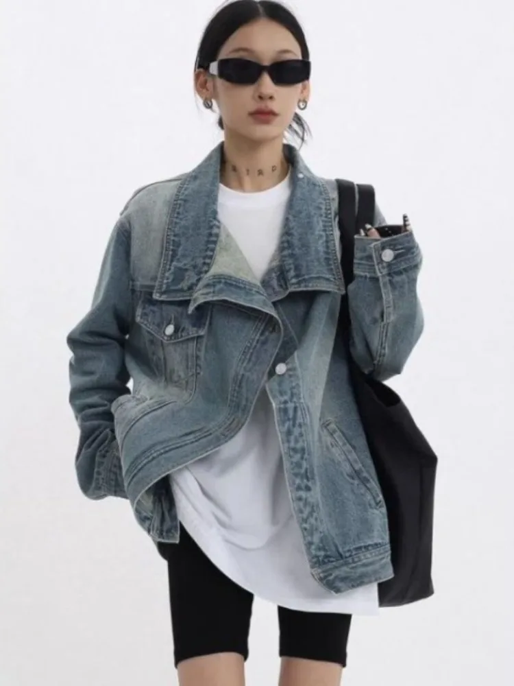 Women's Denim Coat Turtleneck Single Breasted Full Sleeve Patchwork Versatile Jacke Fashion Autumn Streetwear  Overcoat