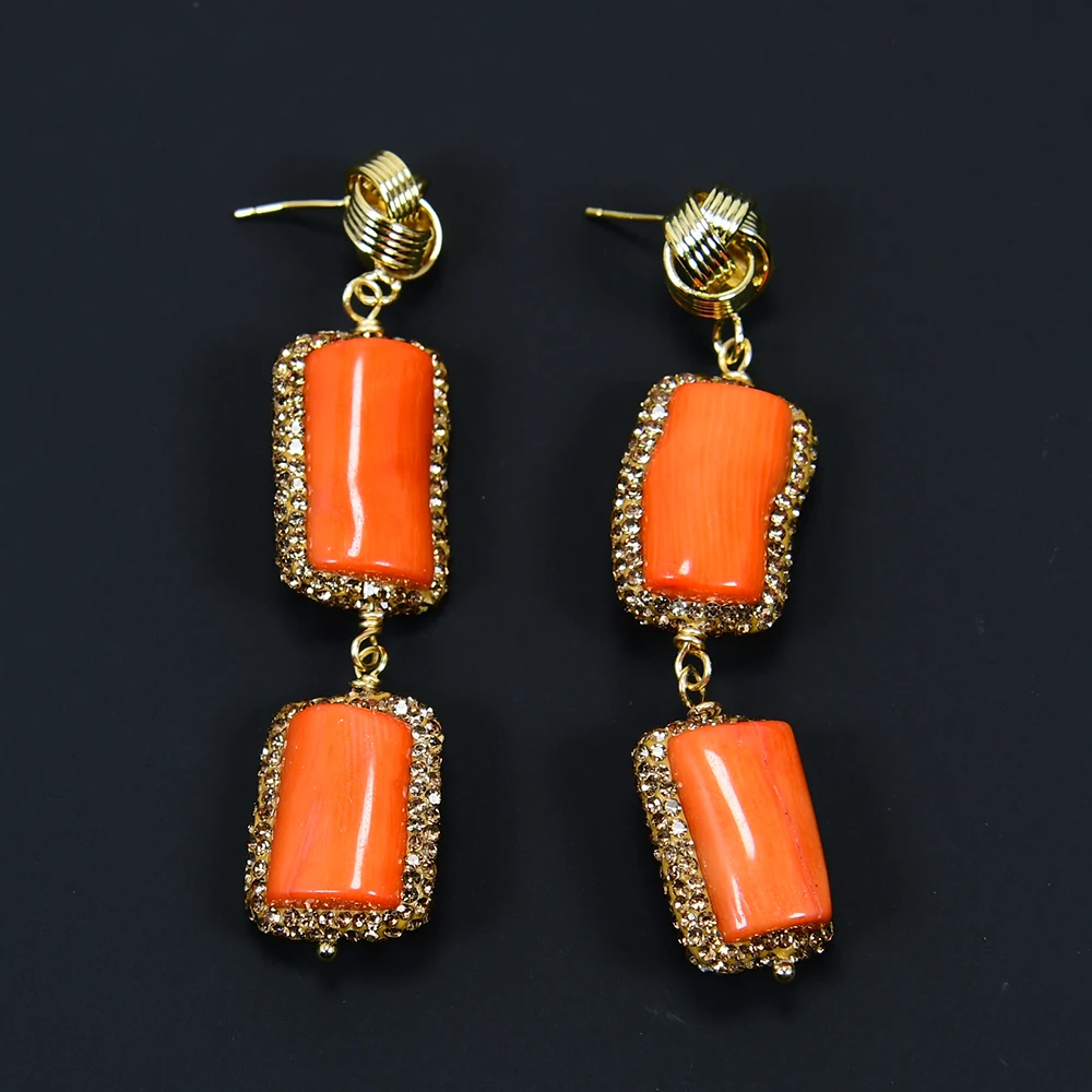 GG Natural Orange Coral Branch Golden Rhinestone CZ Paved Dangle Stud Earrings Jewelry Gifts Handmade For Women Party Gifts