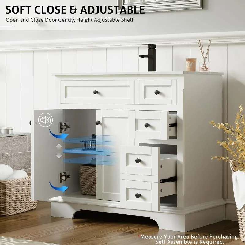casa. Vanity da bagno da 36" con lavabo combinato, mobiletto portaoggetti da bagno vintage con superficie dipinta, piedini ad arco rialzati,