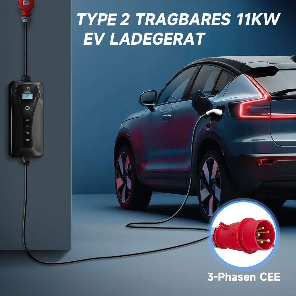 HQ-Carregador portátil EV para carro elétrico, 3Phase, tipo 2, corrente ajustável, carregamento rápido, Wallbox, CEE Plug, cabo do carregador, 11KW,