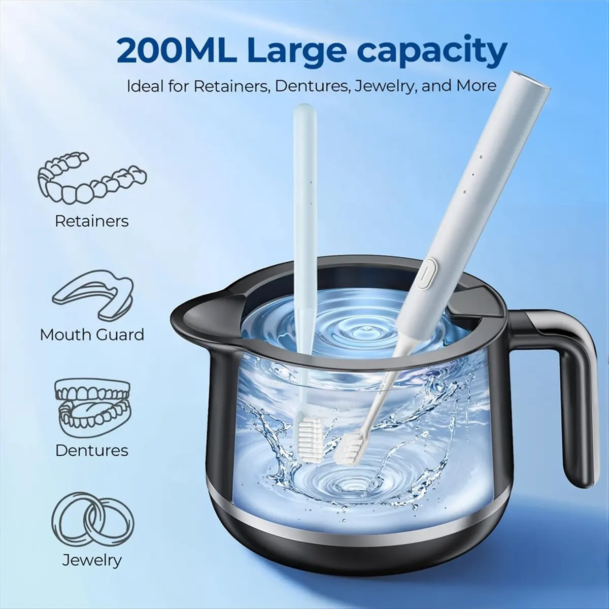 Budget-Friendly-Ultrasonic Retainer Cleaner Machine- 45kHz Ultrasonic Jewelry Cleaner - 180ML Mouth Guard & Denture Cleaner Pod