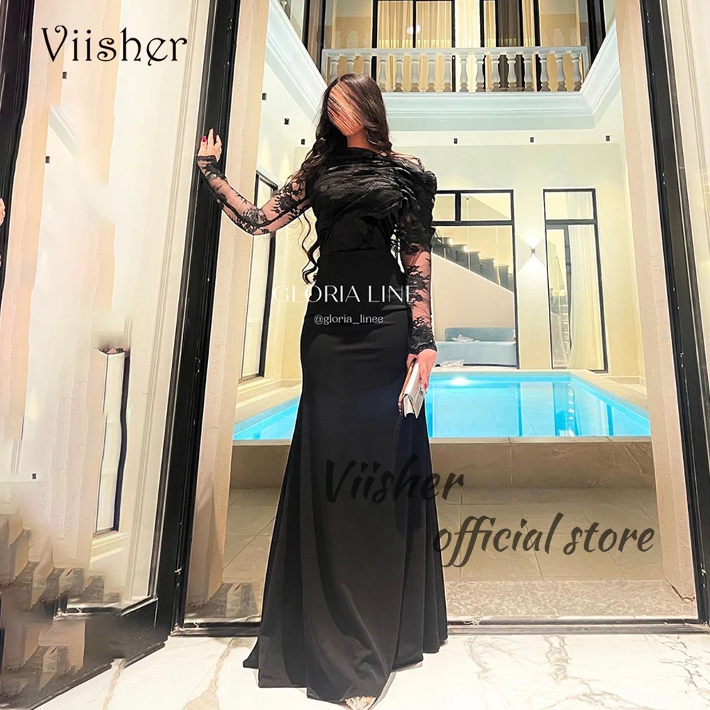 

Viisher Black Mermaid Evening Prom Dresses Long Sleeve O Neck Formal Dress Arabian Dubai Satin Occasion Party Gowns