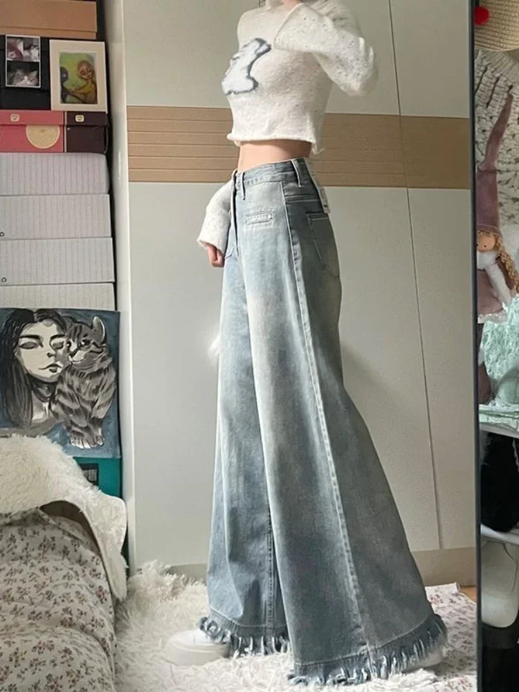 ジーンズ レディース 春秋 バギー パンツ デニム ワイドレッグ トレンド タッセルデザイン 無地 レトロ オールマッチ ハイウエスト ヴィンテージ カジュアル