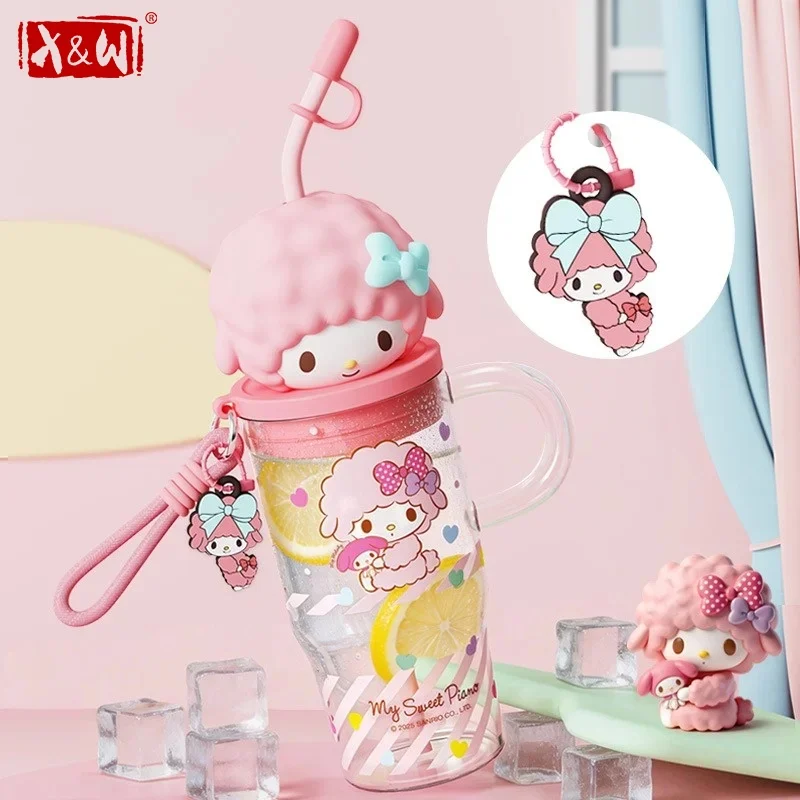 X&W for Sanrio Desktop Glass Cup Cartoon Hello kitty Straw Water Cup with Handle＆Loop＆Doll Lid High Borosilicate Glass Drinkware