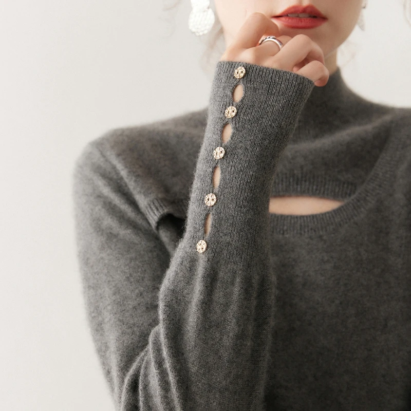 ANGEL Donna Autunno Inverno 100% Cashmere Pullover Maglione Mezza alta collo cavo Pullover Design con bottoni Cashmere New Chic Top