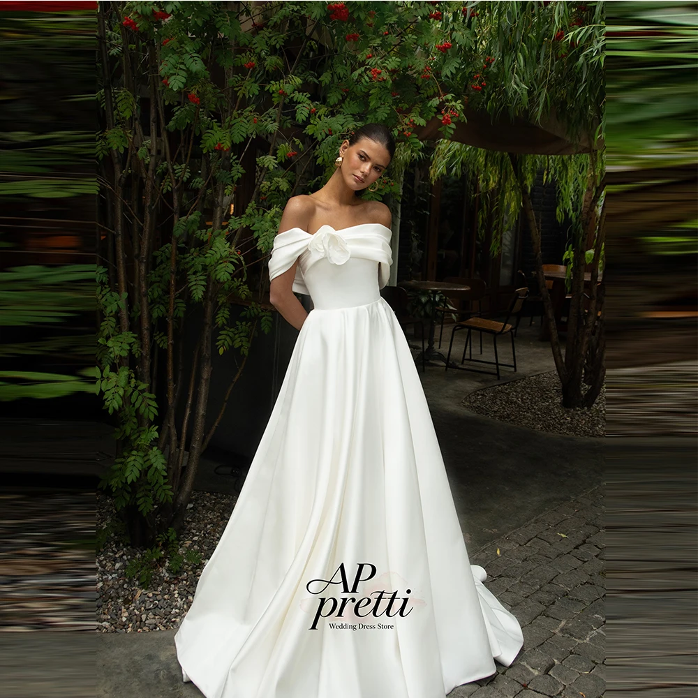 AP pretti Classic Satin Wedding Dress For Women Customized Strapless Off the Shoulder Handmade Flower Bridal Gown Robe De Mariée