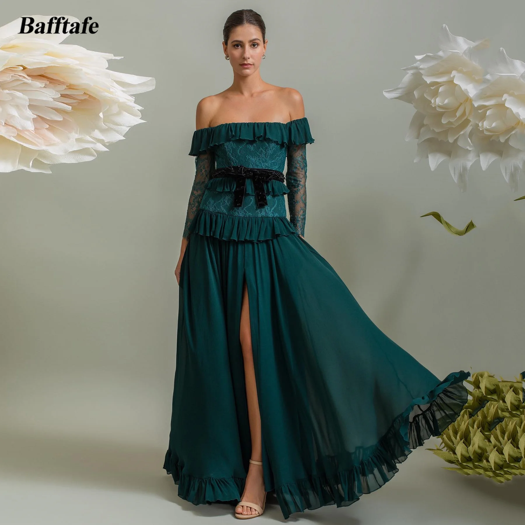 

Bafftafe Fairy Beach Chiffon Prom Dresses Lace Long Sleeves Off The Shoulder Split Women Evening Dress Formal Party Gowns