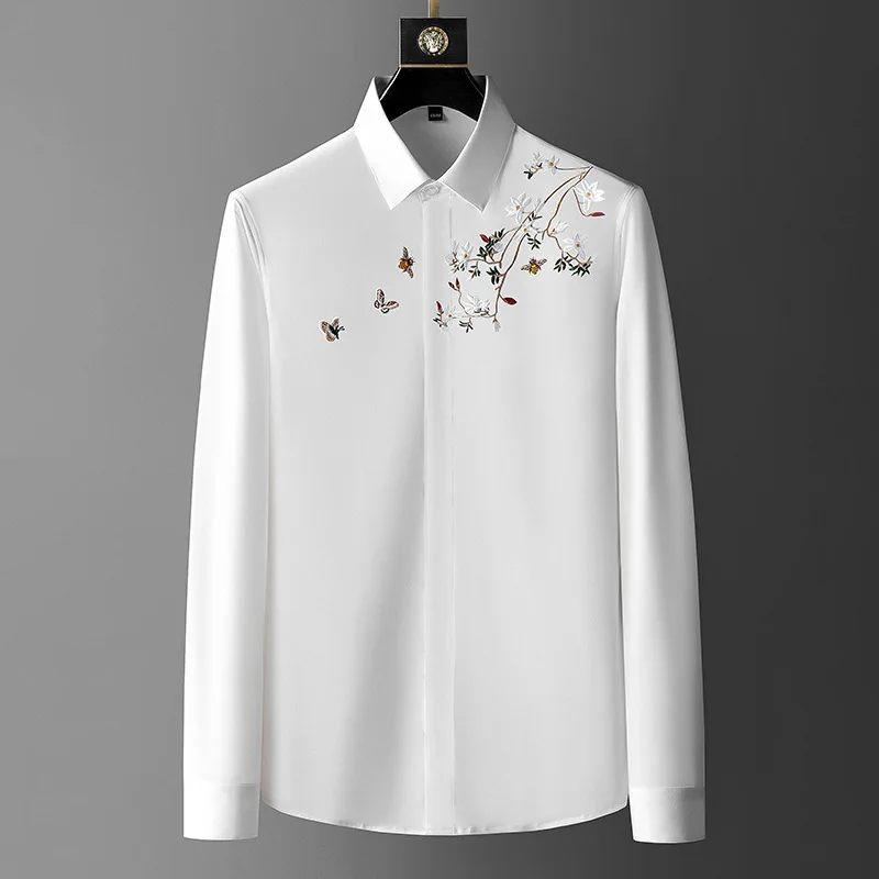 Flower And Bird Embroidered Luxury Shirt Men\'s Long Sleeve Spring And Autumn Slim Fit Anti Wrinkle Trend Evening Dress Top