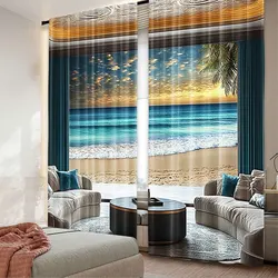 2Pcs Fantasy Scenery Curtain Abstract Seascape Ocean Horizon With Oriental Detailed Room Curtain For Bedroom Living Room And