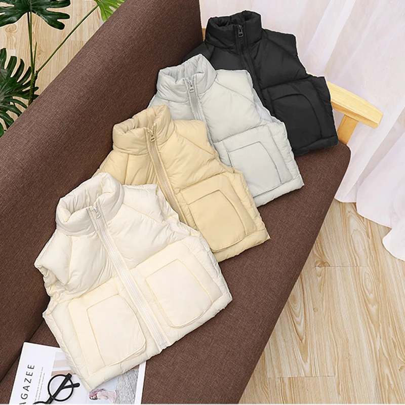 Autumn Winter New Girls Down Vest Solid Color Stand Collar Thick Keep Warm Jacket For 3-12 Years Teen Boys Heavy Waistcoat