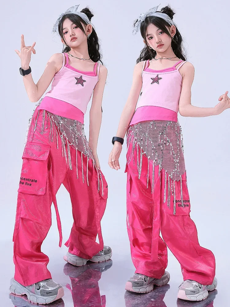

Pink Hip Hop Dance Clothes Girls Summer Street Clothing Vest Cargo Pants Kpop Jazz Dance Performance Costume Stage Wear