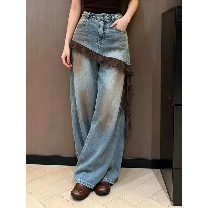 Women Layered Lace Trim Skirt Overlay Wide Leg Jeans Vintage Washed Irregular Waist Loose Baggy Denim Pants Streetwear