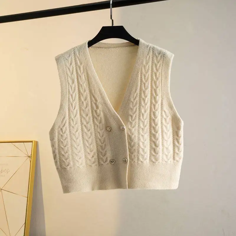 Double-Row Button Open Cardigan Vest Short Pure Color Knitted Loose Layering  Color Commute Style Women's Jacket