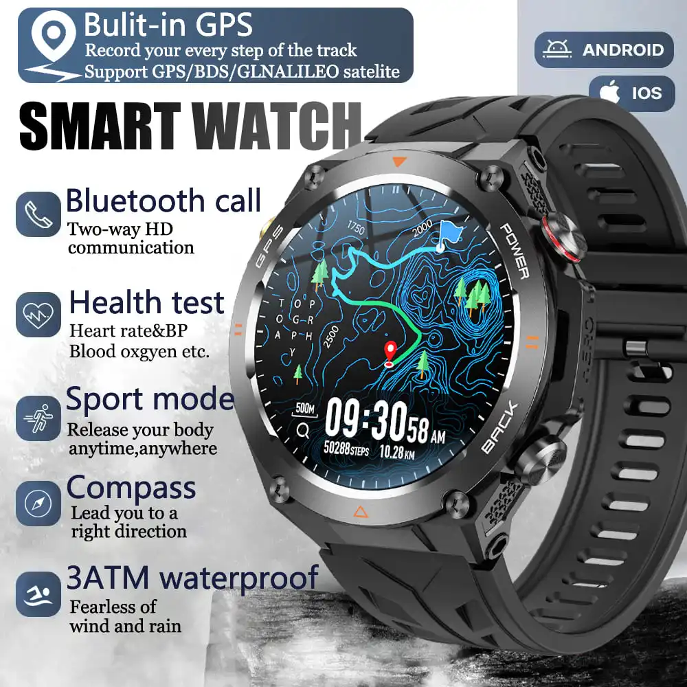 New Outdoor Sport GPS Smart Watch For Men Two-way Bluetooth call Compass 3ATM Waterproof Health Smartwatches Women Android IOS