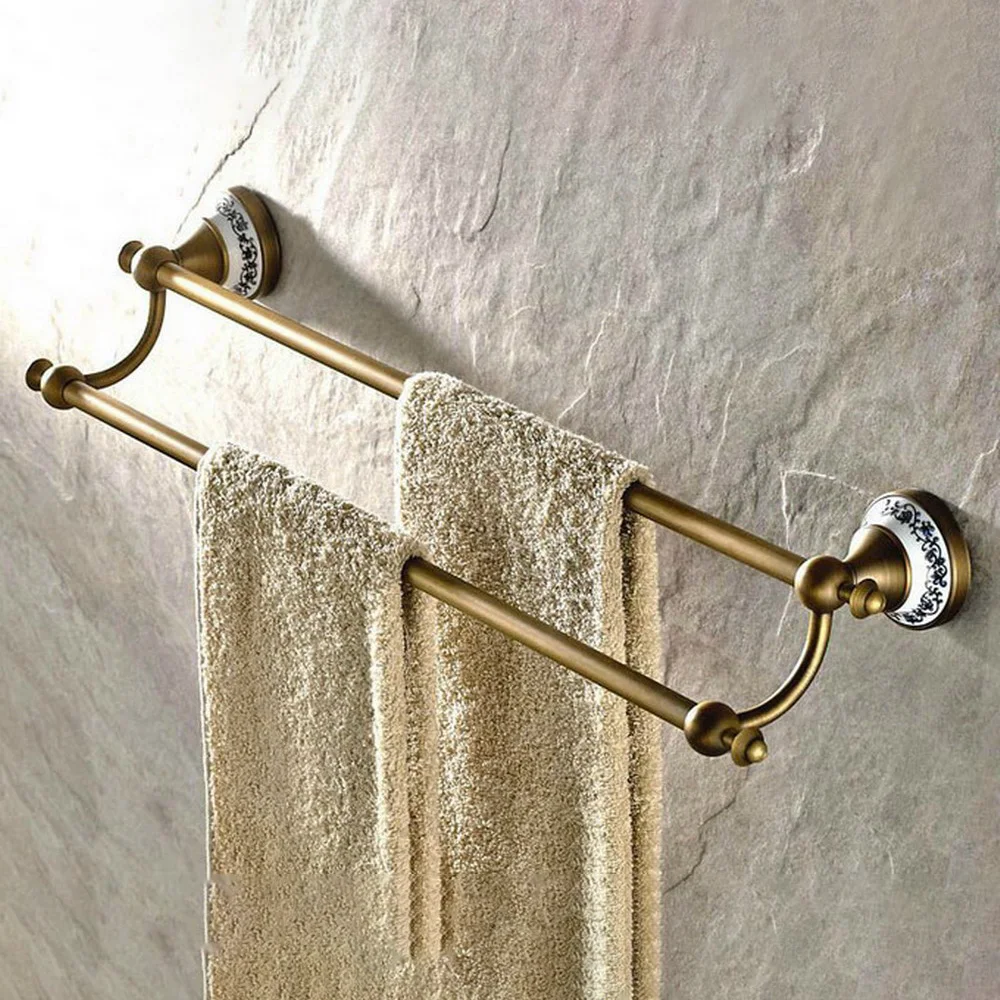 Wall Mounted Vintage Retro Antique Brass Bathroom Double Towel Bar Towel Rail Holder Bathroom Accessory mba407