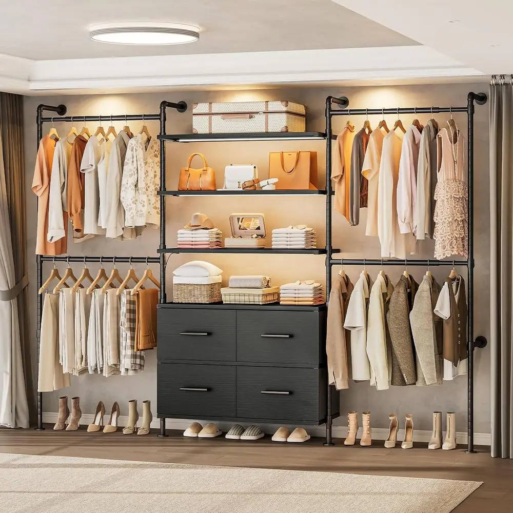 

Industrial Style Adjustable LED Closet System with 4 Drawers, 6 Shelves & 4 Hanging Rods, Black Heavy-Duty Organizer
