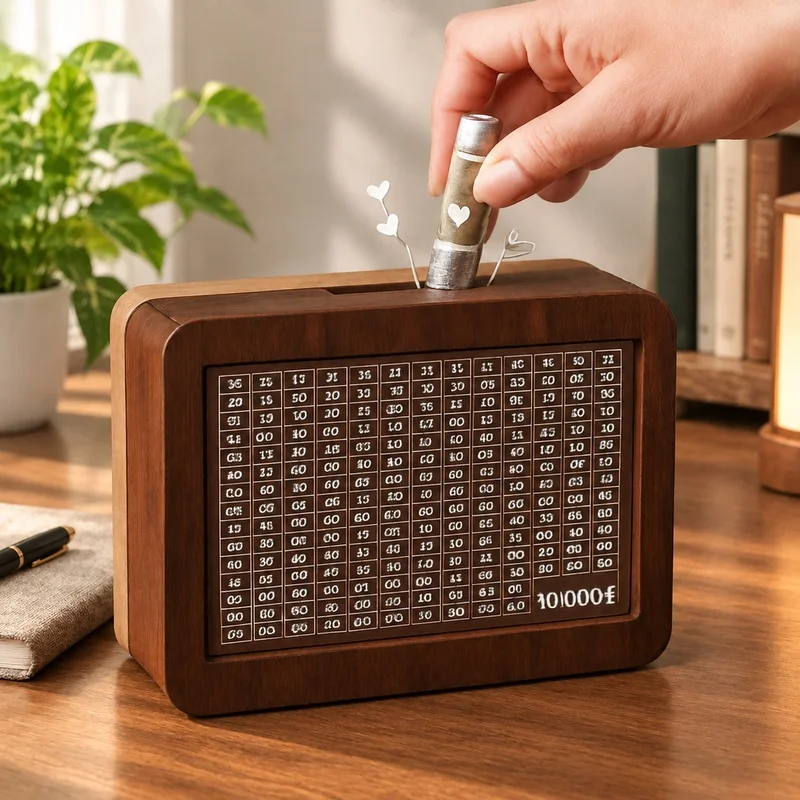 Kids' Wooden Savings Vault, Refillable Cash Storage Box with 1000-10000 Euro Capacity for Money Saving Challenges