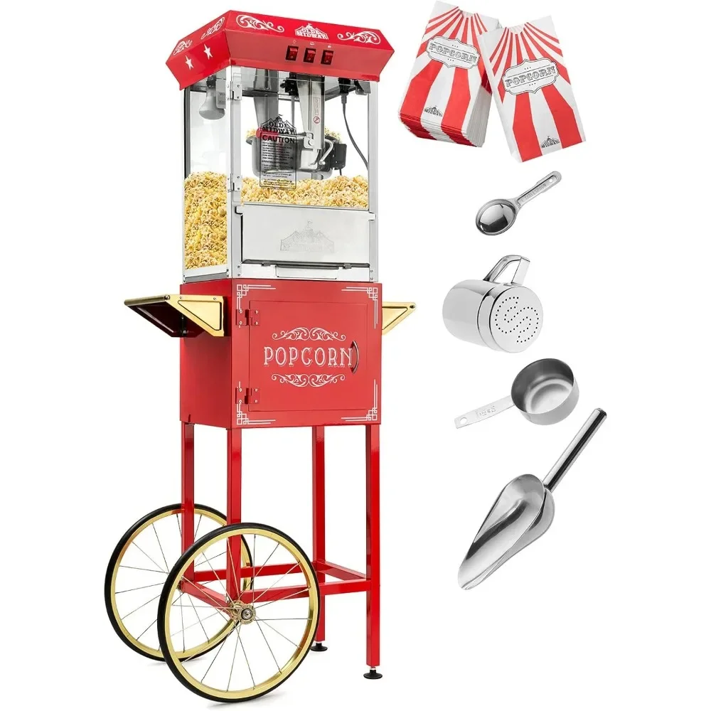 Popcorn Machine,10 Ounces Portable Metal Vintage Style Popcorn Machine Maker Popper with Cart and 10-Ounce Kettle - Red