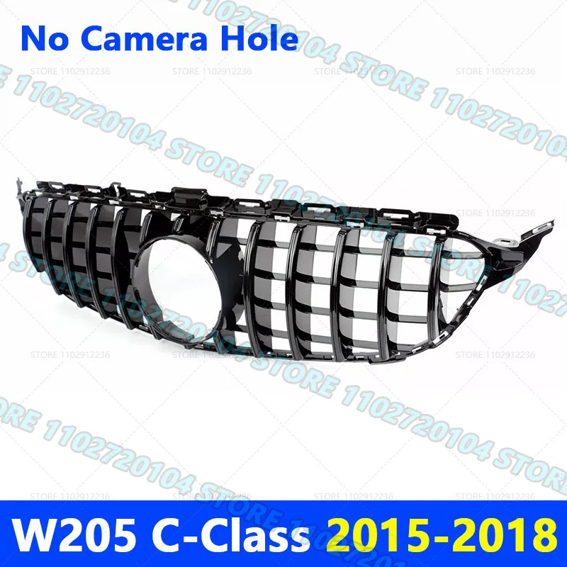 Para 2015-2018 2019-2021 W205 Clase C Mercedes Benz C180 C200 C250 C300 C400 GT Parrilla de parachoques delantero Parrilla de capó con orificio para cámara