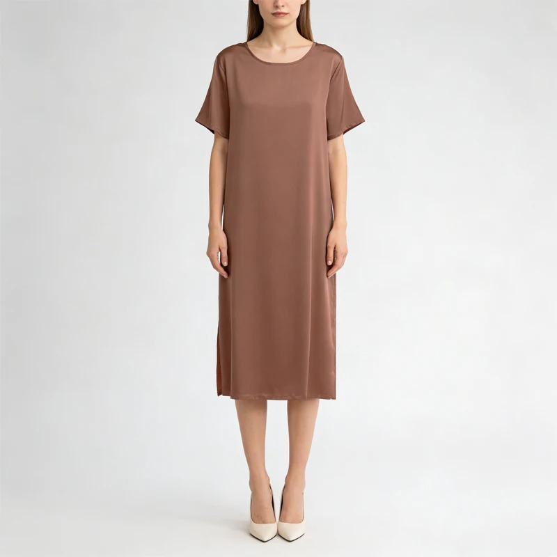 Damen-Sommerkleid im sanften Stil, 92 % natürliche Maulbeerseide, elastisches Doppel-Satin-Kleid, Temperament, einfarbig, vielseitiger langer Rock