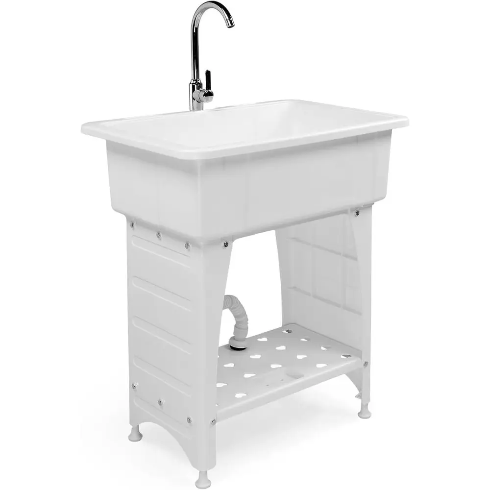 

36 High White Freestanding Utility Sink with 360° Swivel Faucet, 20-Gallon Laundry Tub, Storage Shelf for Plastic Basin Use in G