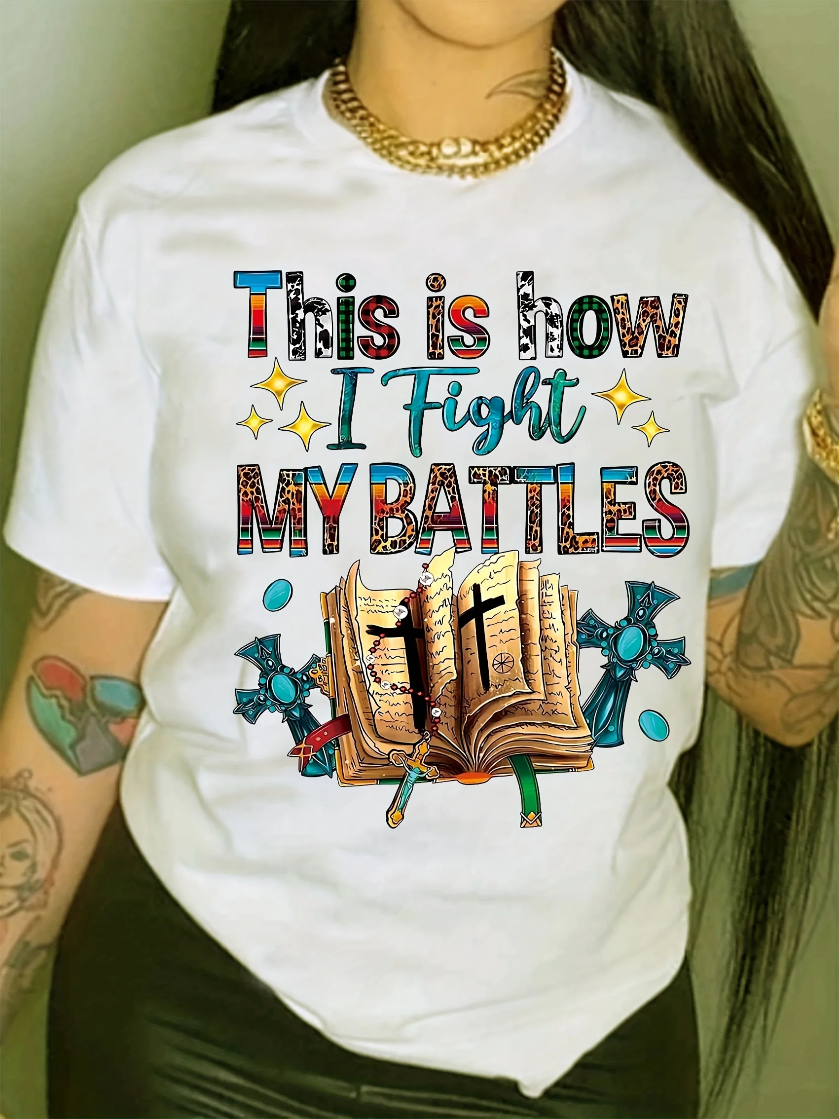 Livro & carta impressão em torno do pescoço camiseta primavera/verão casual de manga curta topo casual roupas femininas para o outono e inverno