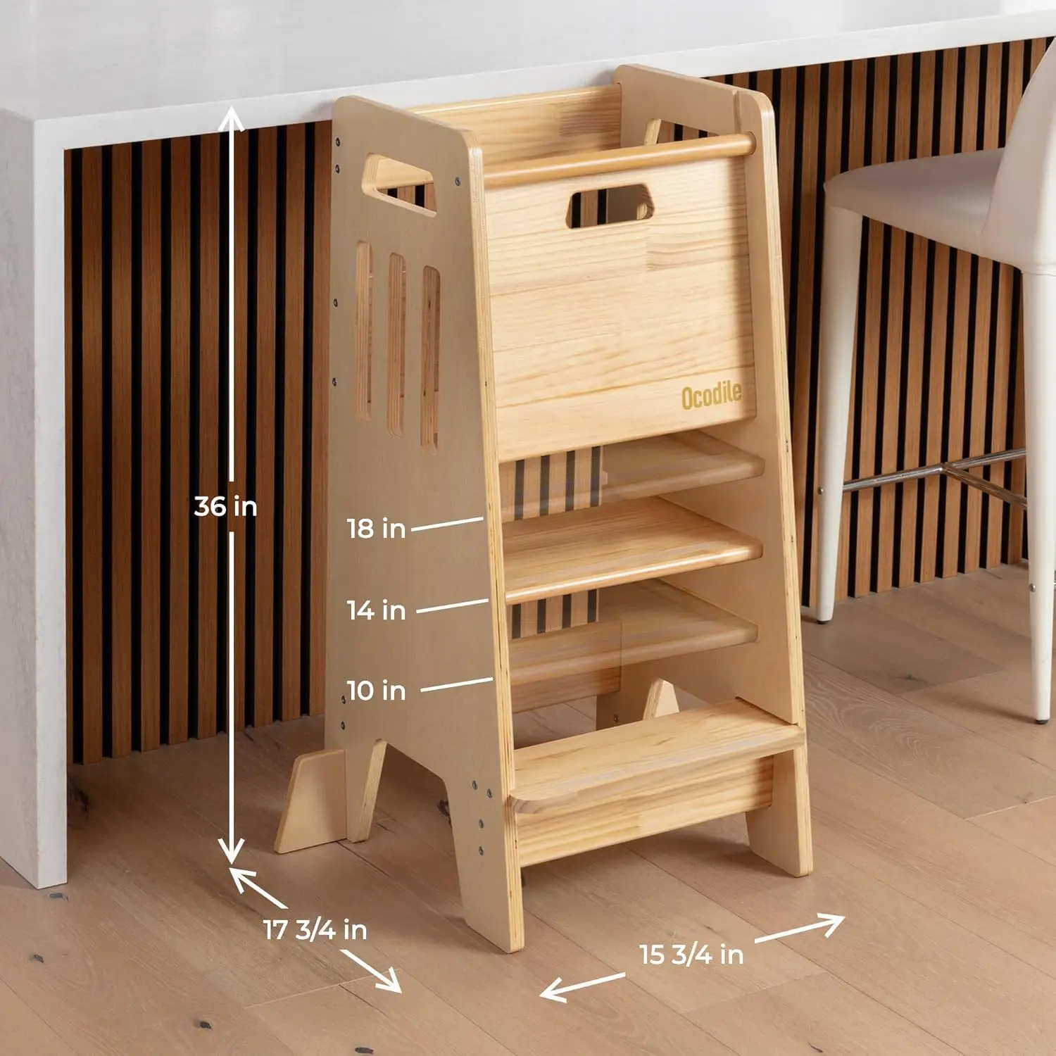 Sliding Door and 3 Adjustable Heights - Complete Toddler Kitchen Stool Helper with Support Feet - Safe Design for 18+ Months to