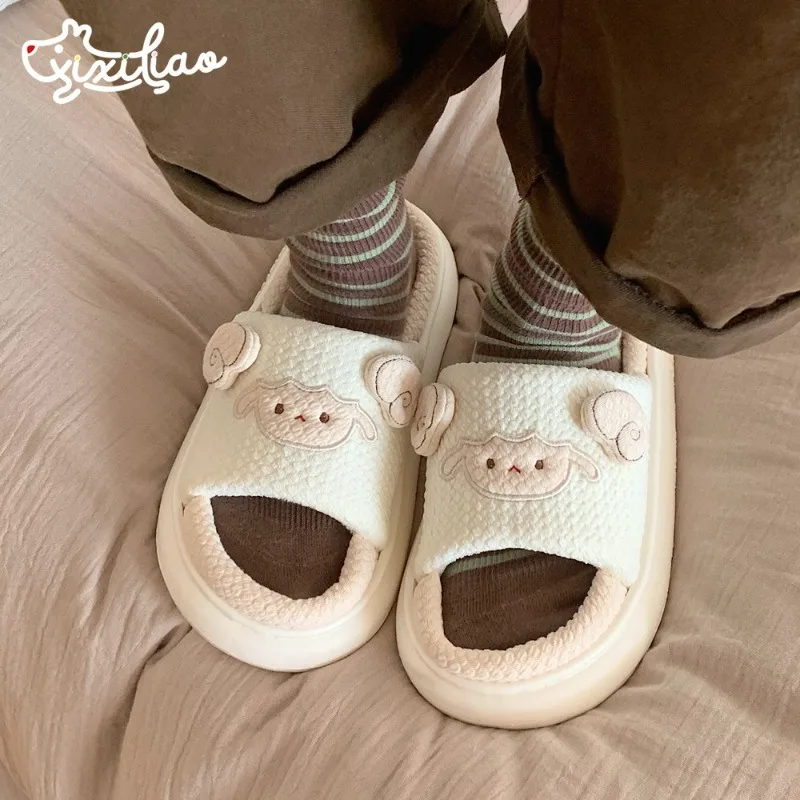 2024 New Linen Slippers Cute Sheep Slippers Women Summer Platform Soft Home Cartoon Funny Unisex Four Seasons Indoor Slippers