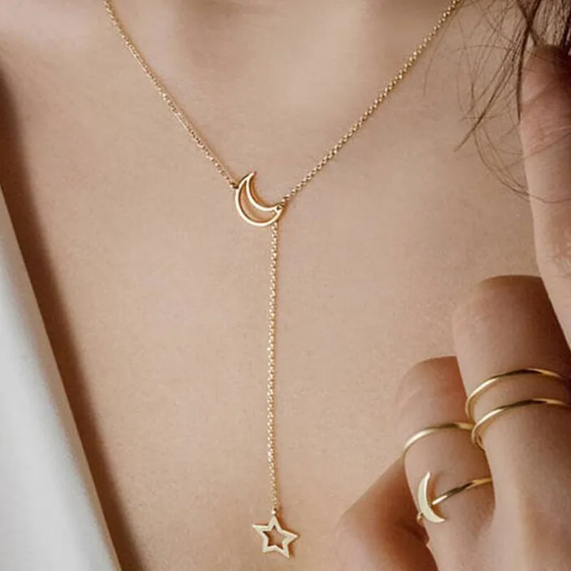 New Fashion Jewelry Star Moon Choker Necklace Gift For Women Girl Gold Color Chain Hollow Star Pendant Necklace Drop Shipping