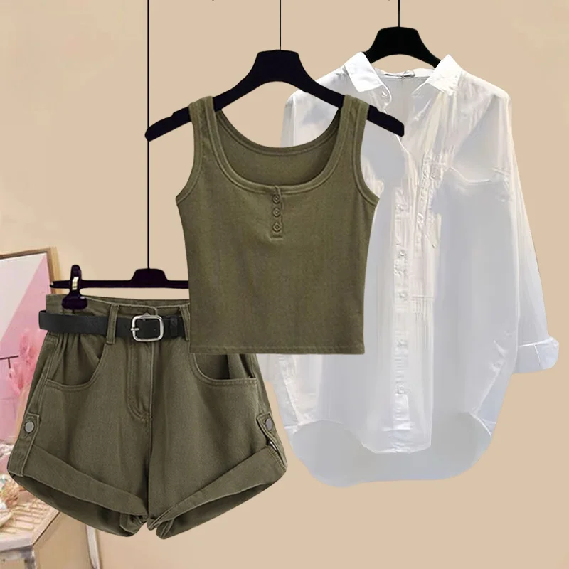 

Women's Summer New In Matching Set 2025 Lady Korean Elegant White Sunscreen Shirt+Vest+Denim Shorts 3-Piece Suit Female Clothing