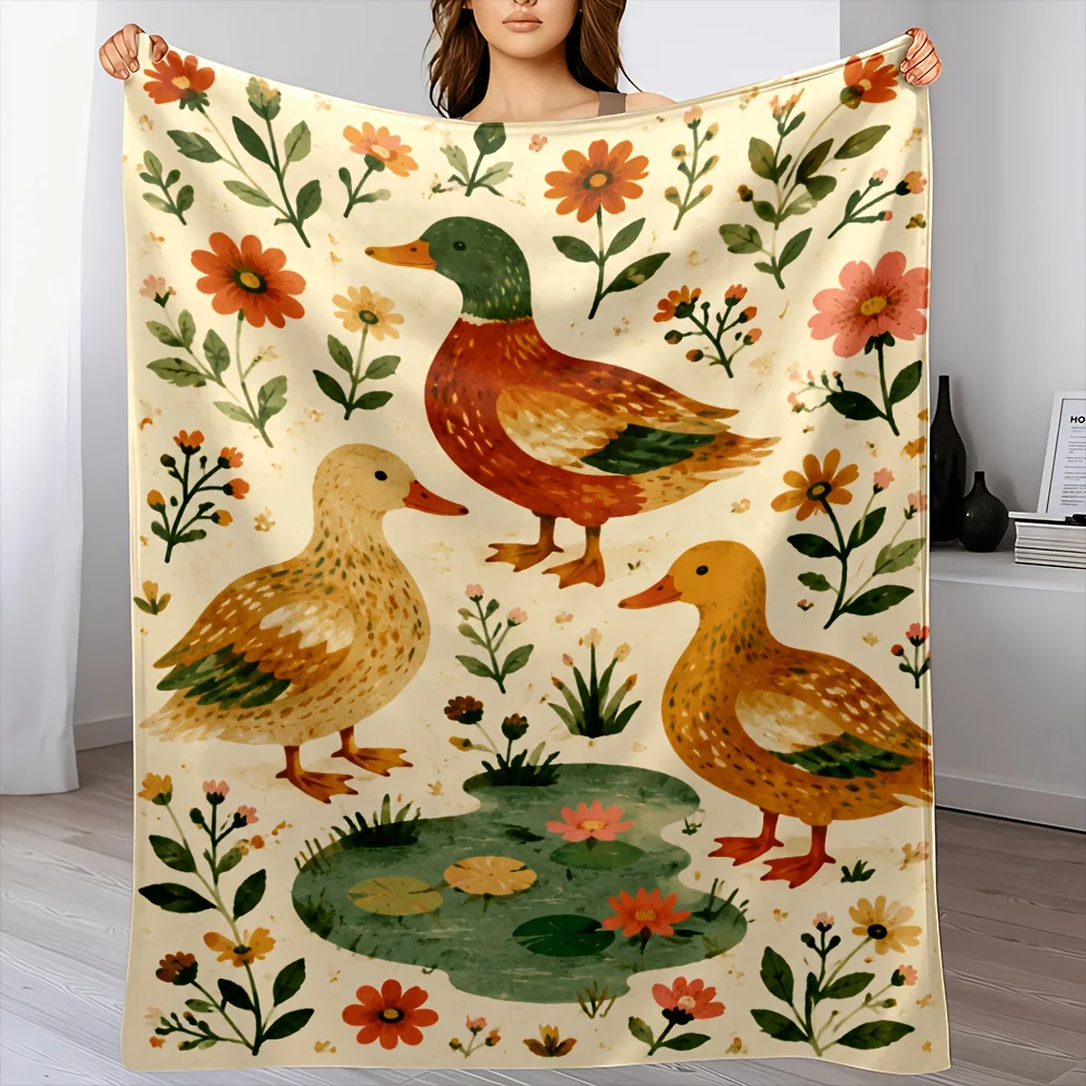 1pc Watercolor Ducks Flannel Blanket, Ultra Soft Warm And Cozy Comfort, All-Season Versatile Use, 280GSM Heavy, Multi-Size, Machine Washable for Easy Care, Perfect for Bedroom, Sofa, Home Decor, Office Nap, Dorm, Cozy Winter Throw, Ideal Gift Choice