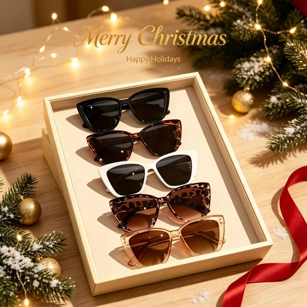 5-piece set of cat's eye frame sunglasses, unisex large frame fashion glasses, assorted black turtle, white transparent frame, colored lenses, men's gifts, fashionable decorative glasses, women's party daily matching, random colors.